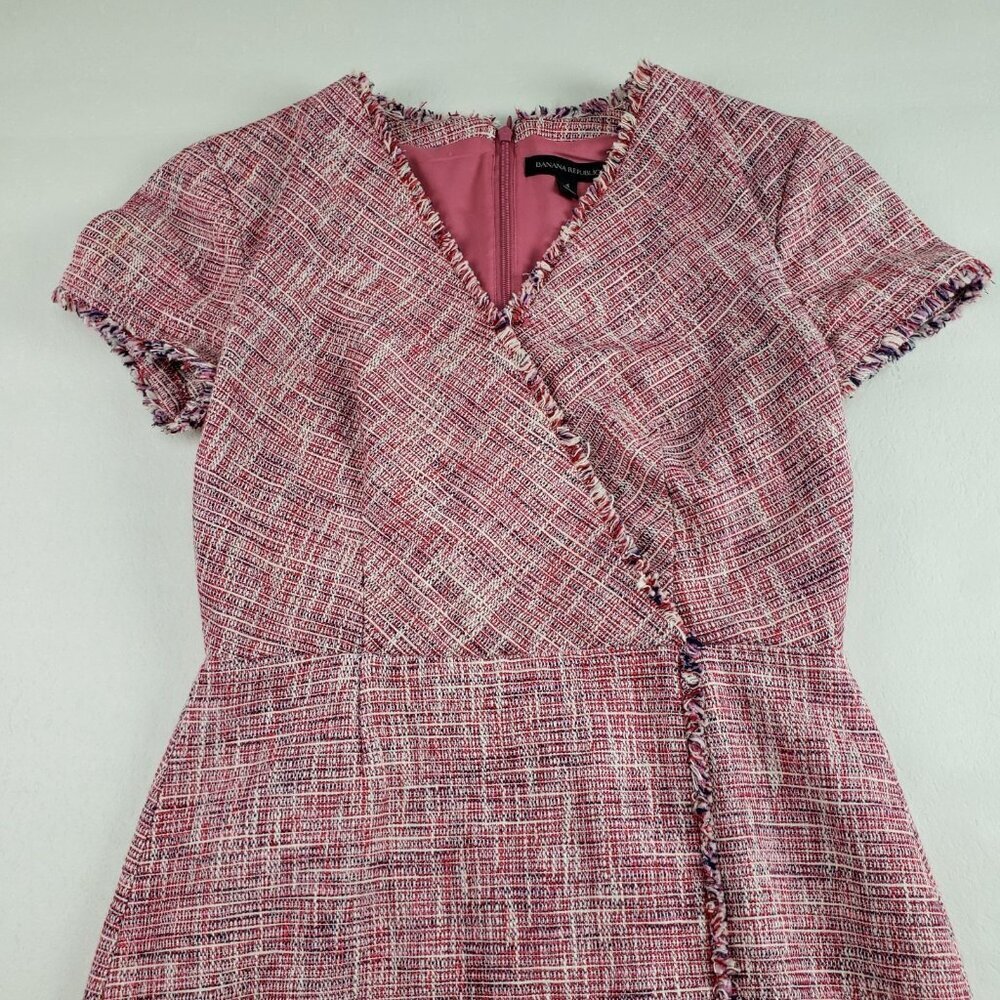 Banana Republic Tweed Fringe Dress Womens 4 Pink Sheath V Neck Faux Wrap - Picture 4 of 13